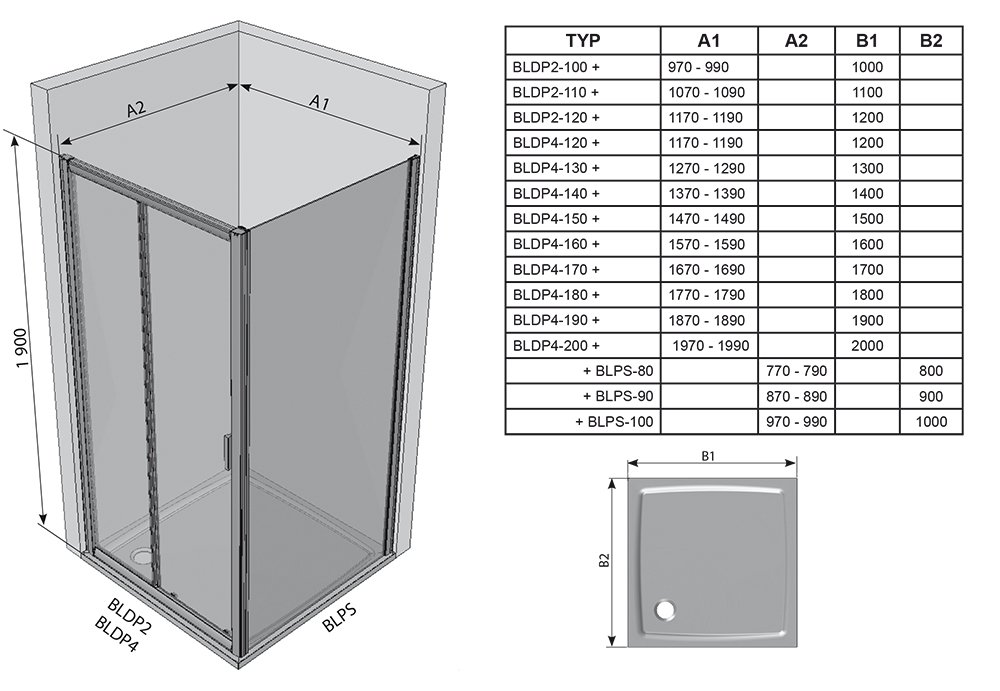 Duschgleittür mit Seitenwand Blix BLDP2+BLPS