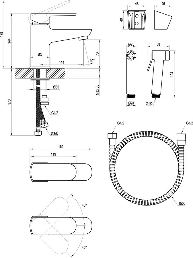 Einhand-Waschtischbatterie mit Funktionshandbrause und Wandhalterung