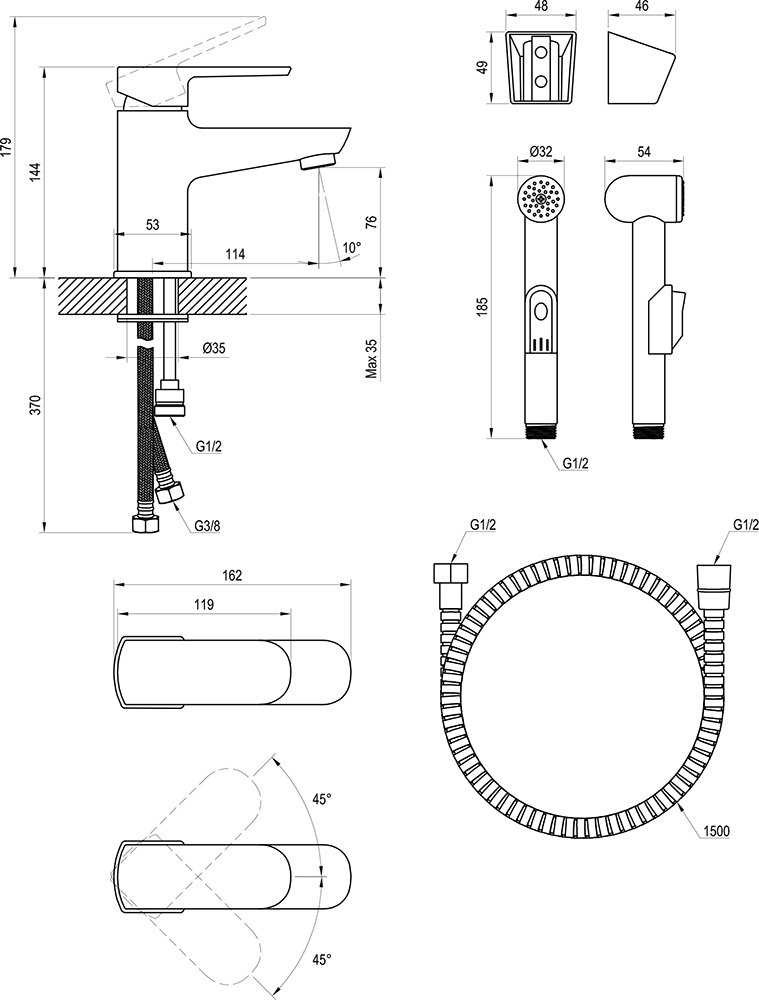 Einhand-Waschtischbatterie mit Funktionshandbrause und Wandhalterung