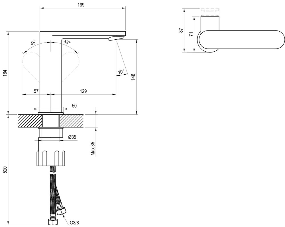 Einlocharmatur für Waschbecken Chrome II, mit seitlichem Hebel CR II 014.02