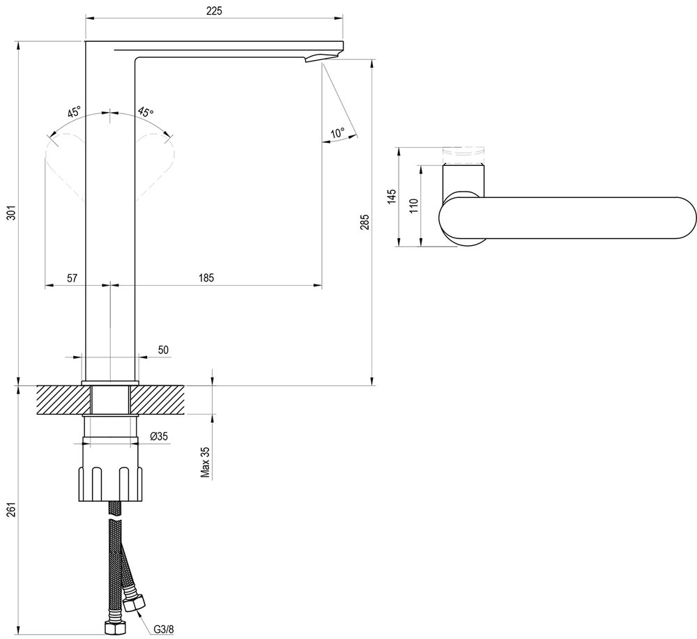 Einlocharmatur für Waschbecken Chrome II, mit seitlichem Hebel CR II 015.02