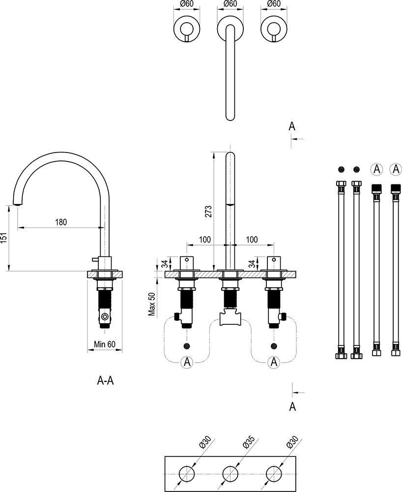 Dreilocharmatur für waschbecken 270 mm Espirit ES 018.00CR