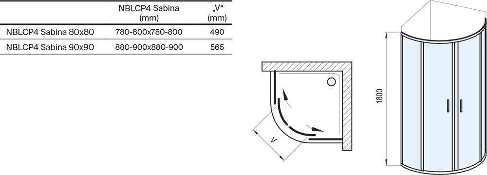Verkleinerte Viertelkreisduschkabine Blix II NBLCP4 Sabina