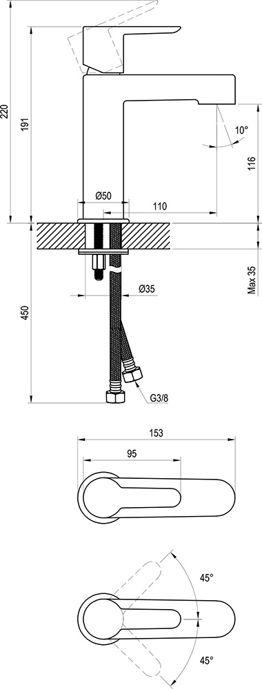 Einhand-Waschtischbatterie Puri ohne Ablaufgarnitur 190 mm