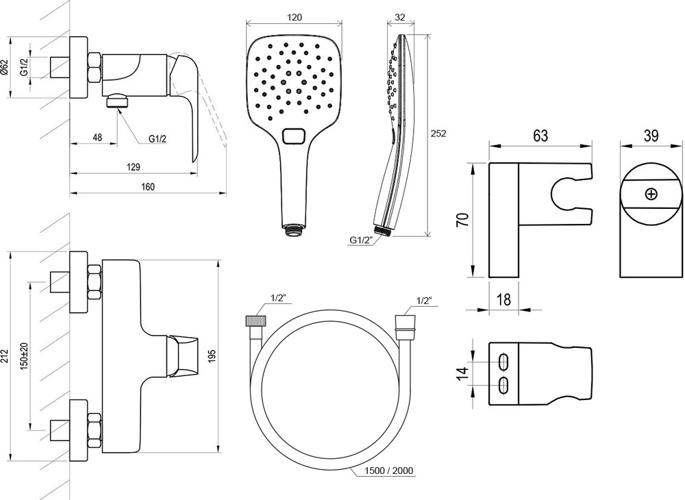 Dusch-Wandarmatur Flat FL 032 mit Duschset