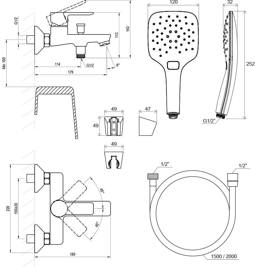 Wannen-Wandarmatur Solar SL 022 mit Duschset