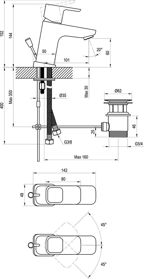 Einhand-Waschtischbatterie 10° mit Ablaufgarnitur 145 mm