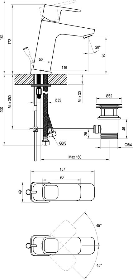 Einhand-Waschtischbatterie 10° mit Ablaufgarnitur 170 mm