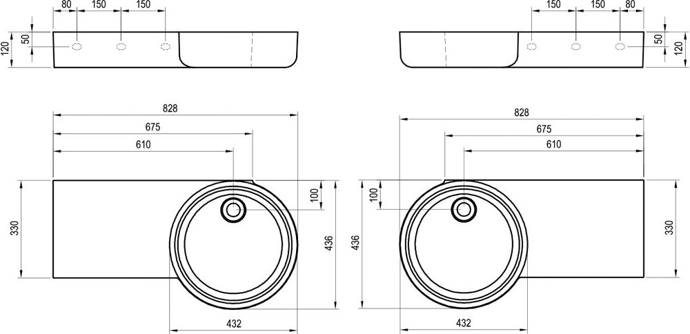 Waschbecken ARC 83/43 L/R, ohne Hahnloch