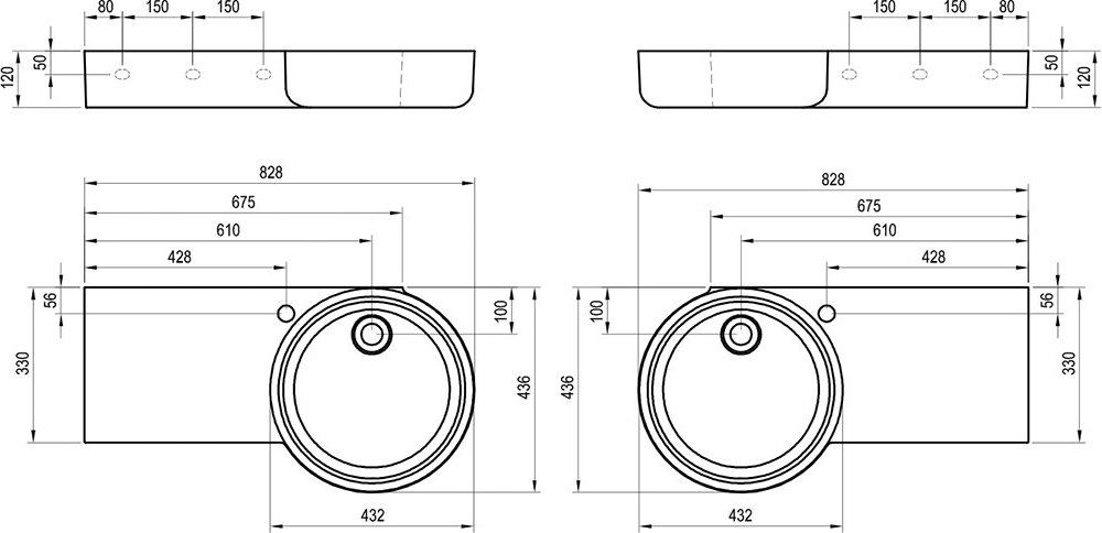 Waschbecken ARC 83/43 L/R, mit Hahnloch