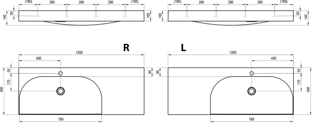 Waschbecken Lite 120/80 L/R, mit Hahnloch