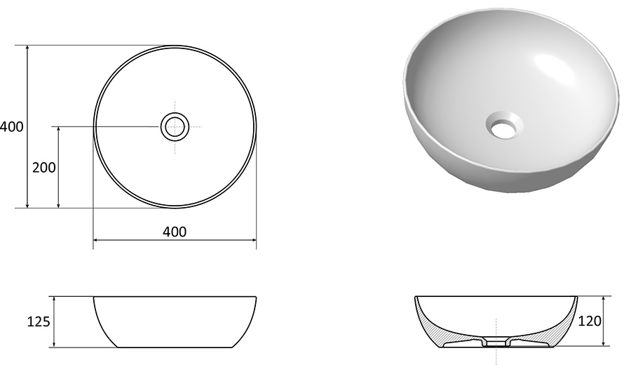 Keramik-Aufsatzwaschbecken UNI 400 B SLIM