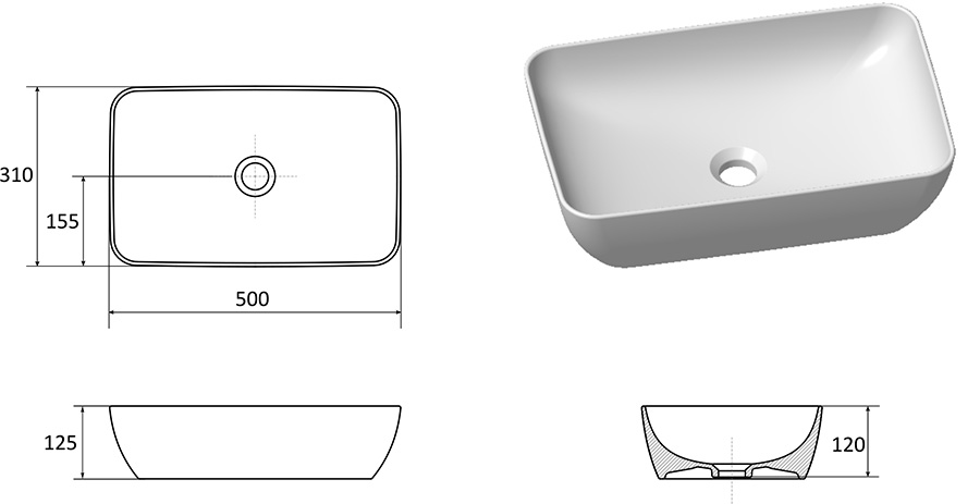 Keramik-Aufsatzwaschbecken UNI 500 R SLIM