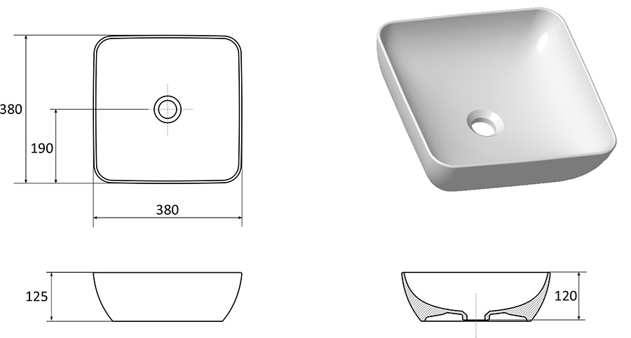 Keramik-Aufsatzwaschbecken UNI 380 S SLIM